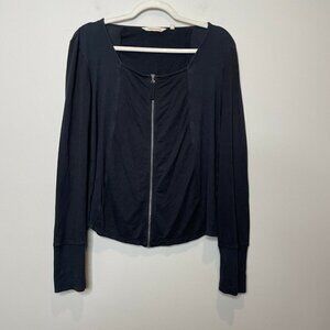 Soft Surroundings Long Sleeve Black Zip Front Square Neck Blouse Size Large